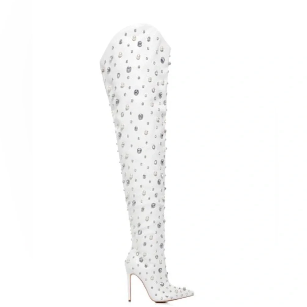 AZALEA WANG White Vegan Leather Embellished Over The Knee Boots